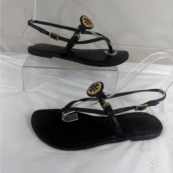Tory Burch Shoes - Tory Burch Black Leather Logo Embellished Flat Thong Slingback Sandals SZ 6.5 M